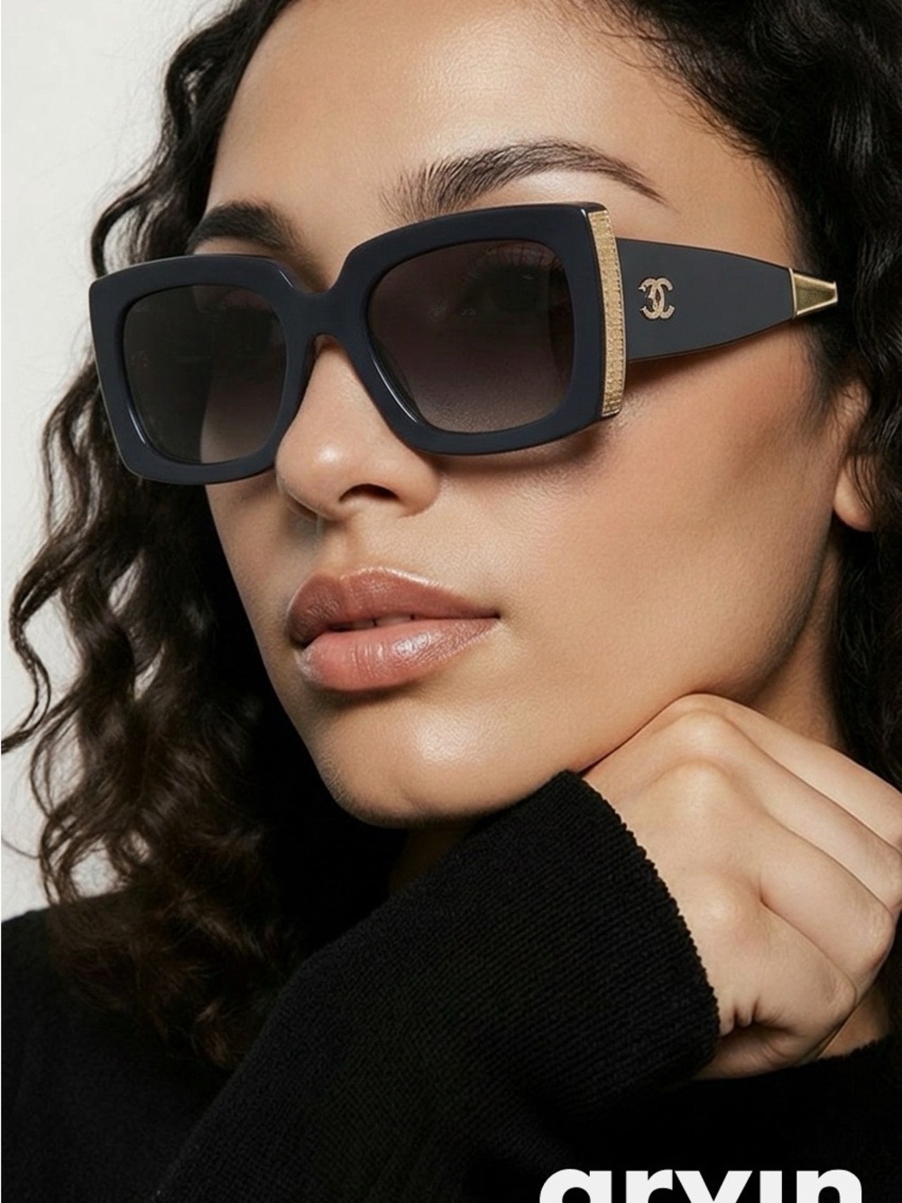 CHANEL Black Oversized Square 5435A Sunglasses with Gold CC Emblem